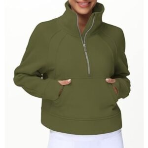 the gym tops half zip pullover fleece stand collar crop sweatshirt with pockets green color green size various