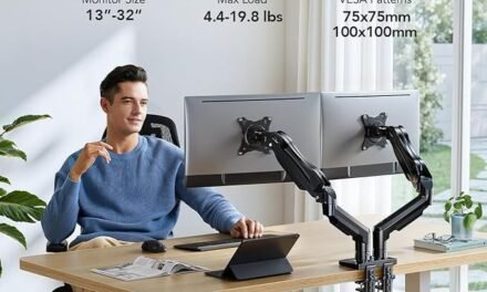 HUANUO Dual Monitor Stand, Fully Adjustable Gaming Monitor Desk Mount for 13–32″ Computer Screens, Full Motion VESA 75×75/100×100 with C-Clamp & Grommet Base, Each Arm Holds 4.4 to 19.8 lbs