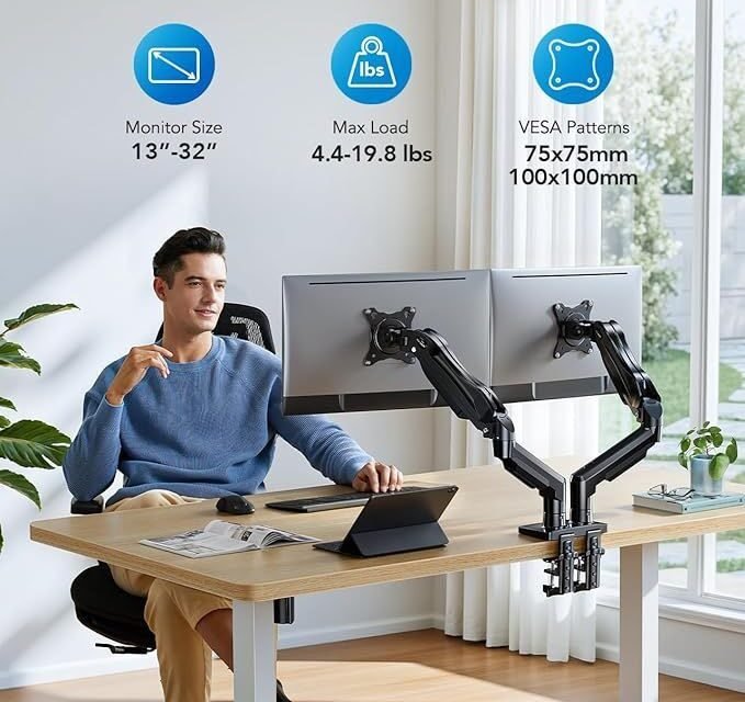 HUANUO Dual Monitor Stand, Fully Adjustable Gaming Monitor Desk Mount for 13–32″ Computer Screens, Full Motion VESA 75×75/100×100 with C-Clamp & Grommet Base, Each Arm Holds 4.4 to 19.8 lbs