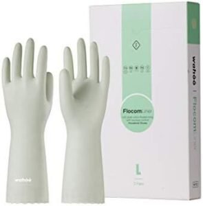 lanon 3 pairs wahoo skin friendly cleaning gloves, dishwashing kitchen gloves with cotton flocked liner, reusable, non slip, canary green, large