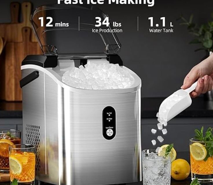 Antarctic Star Nugget Ice Maker Countertop with Soft Chewable Ice, Portable Sonic Ice Maker with Basket and Scoop, Removable Top Cover, Auto-Cleaning for Home/Party/RV/Camping (Stainless Steel Silver)
