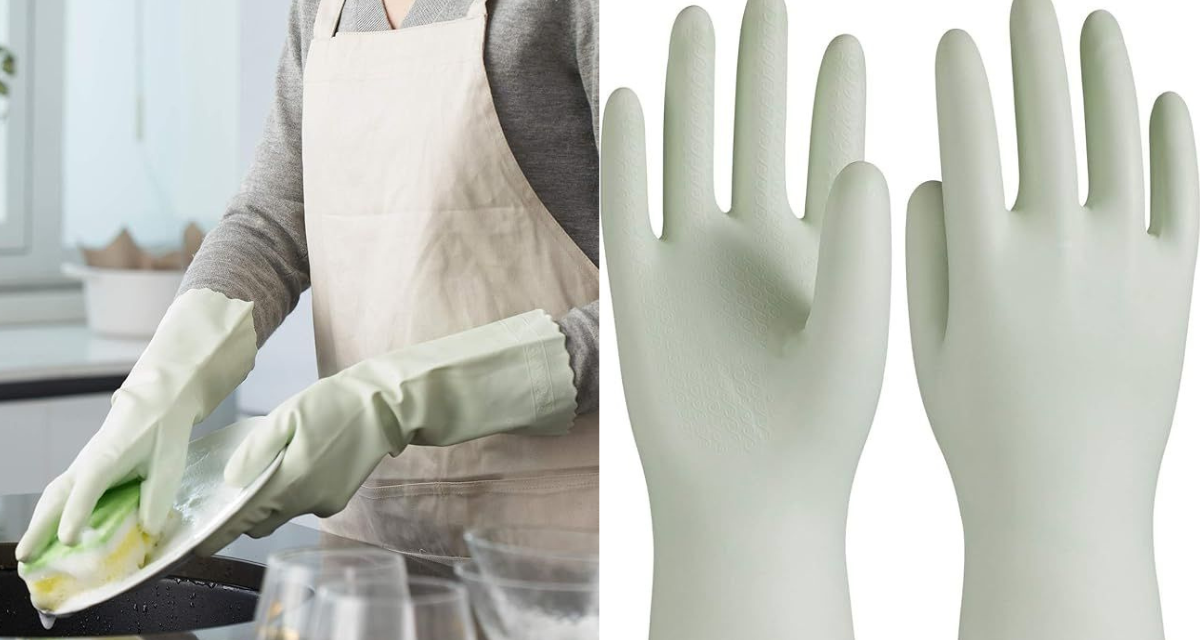 LANON wahoo Skin-Friendly Cleaning Gloves, Dishwashing Kitchen Gloves with Cotton Flocked Liner, Reusable, Non-Slip, Canary Green, Medium