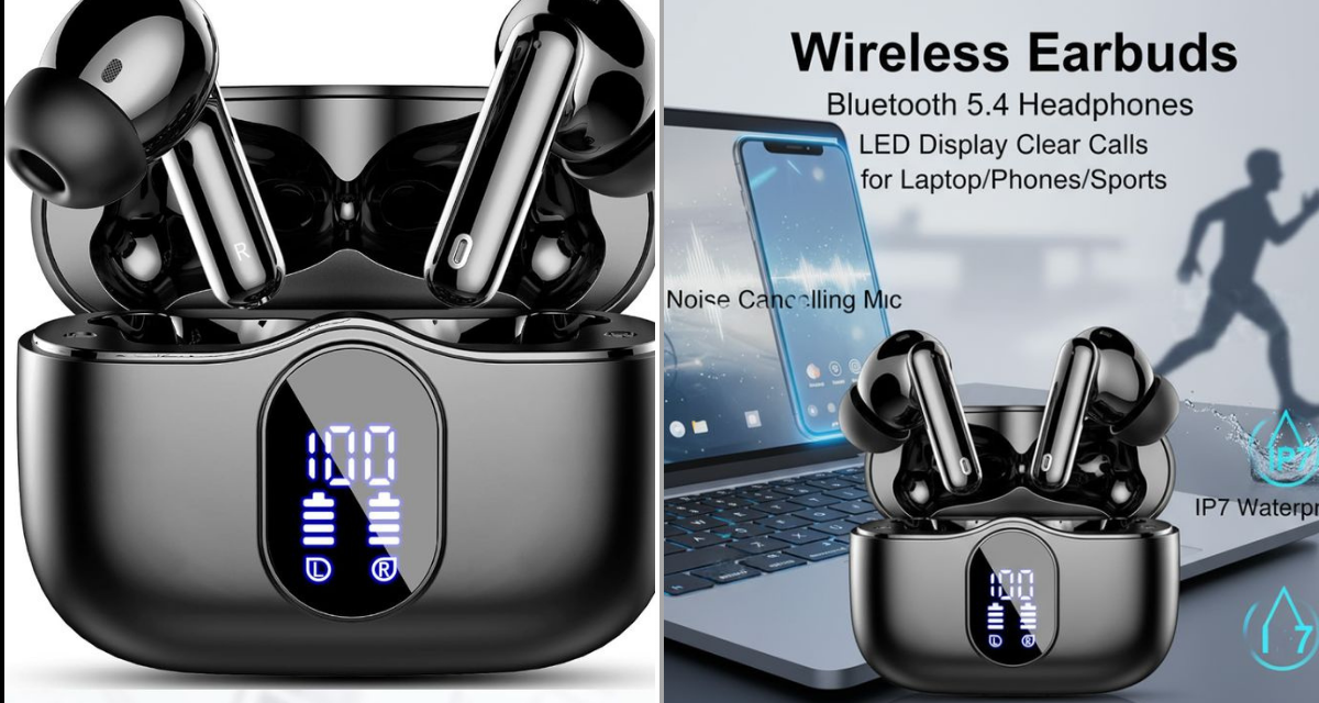 Wireless Earbuds, Bluetooth 5.4 Headphones Bass Stereo, Ear Buds with Noise Cancelling Mic, LED Display in Ear Earphones Clear Calls, IP7 Waterproof Bluetooth Earbuds for Phones/Sports/Laptop, Black