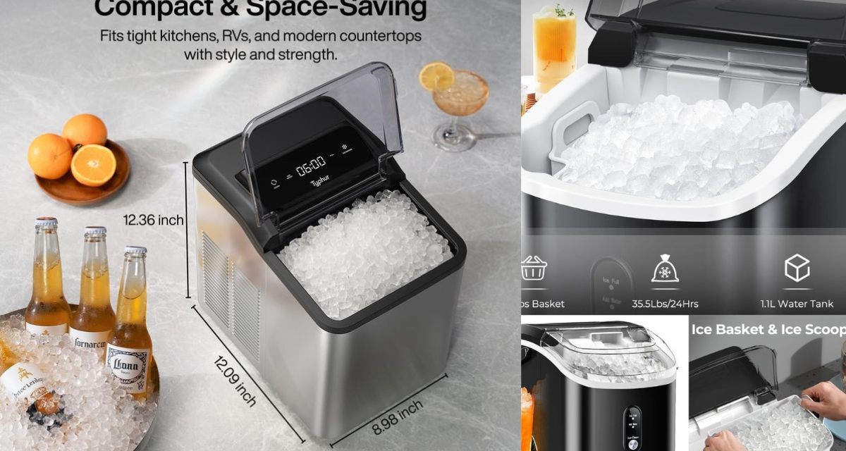 Typhur Fast Nugget Ice Maker Countertop with Self-Cleaning Pump, 35lbs/24H Crushed Pebble Ice Machine with Pellet Ice, 8 Packs Cleaner, Dual Ice Scoops for Home, Kitchen, Party, RV, Stainless Steel